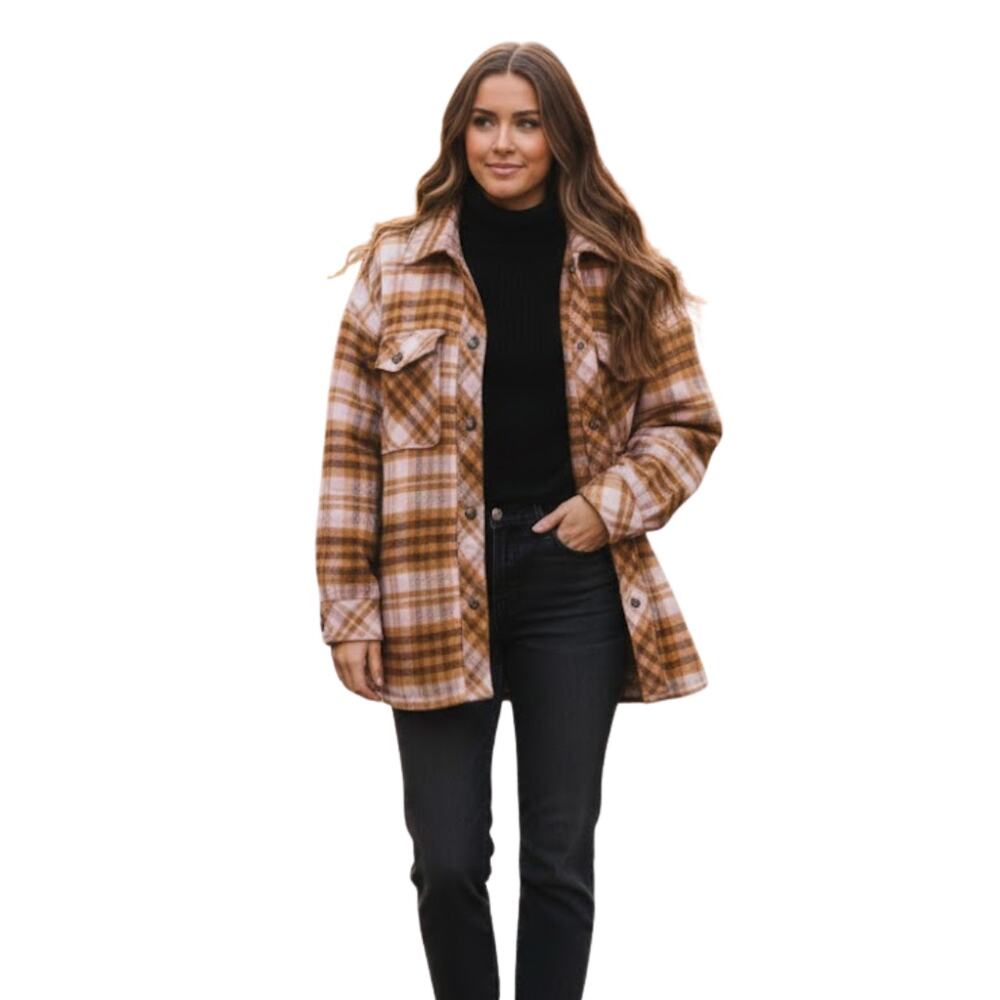 Aerie NWT Sherpa Lined Plaid Shacket XL Oversized Flannel Jacket Pink Brown Soft